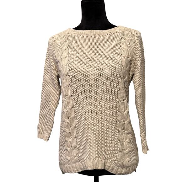Cynthia Rowley Cream Cable Knit Back Button Sweater 3/4 Sleeve Size Small Preppy - Picture 2 of 13